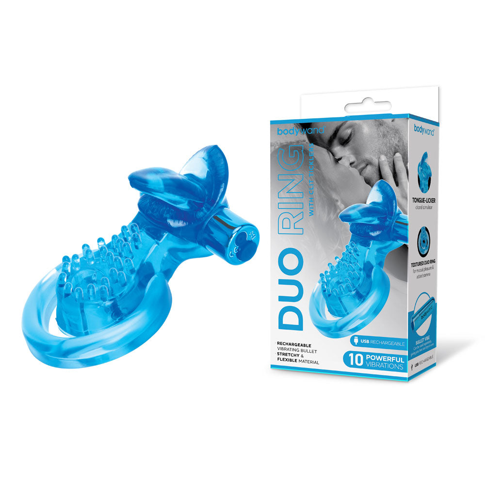 Bodywand Rechargeable Duo Ring with Clit Tickler - Blue USB Rechargeable Vibrating Cock Ring Bodywand